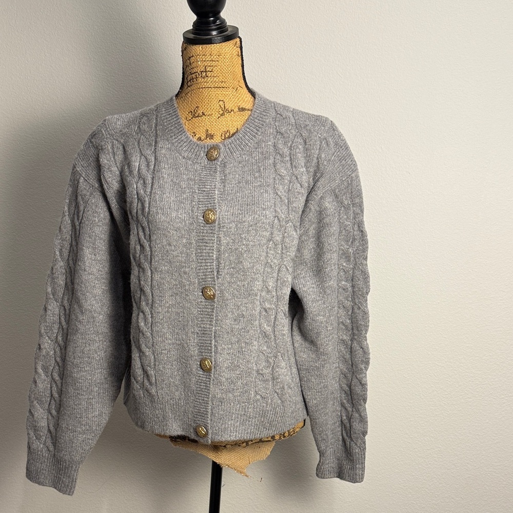 J. Crew Gray Cable Knit Cardigan with Gold Buttons
